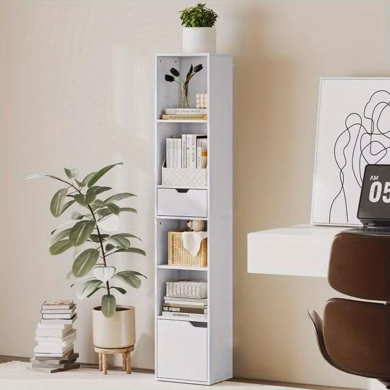 Libreria – 6 ripiani, colore bianco – Ripiani regolabili e 3 cassetti – Robusta e dal design verticale che ottimizza lo spazio