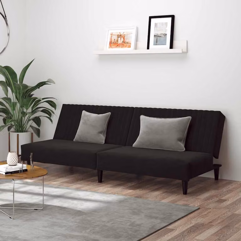 vidaXL Divano Letto Click-Clack in Velluto Nero con Struttura in Legno Solido e Poggiatesta Regolabile, Dimensioni Letto: 90 x 200 cm