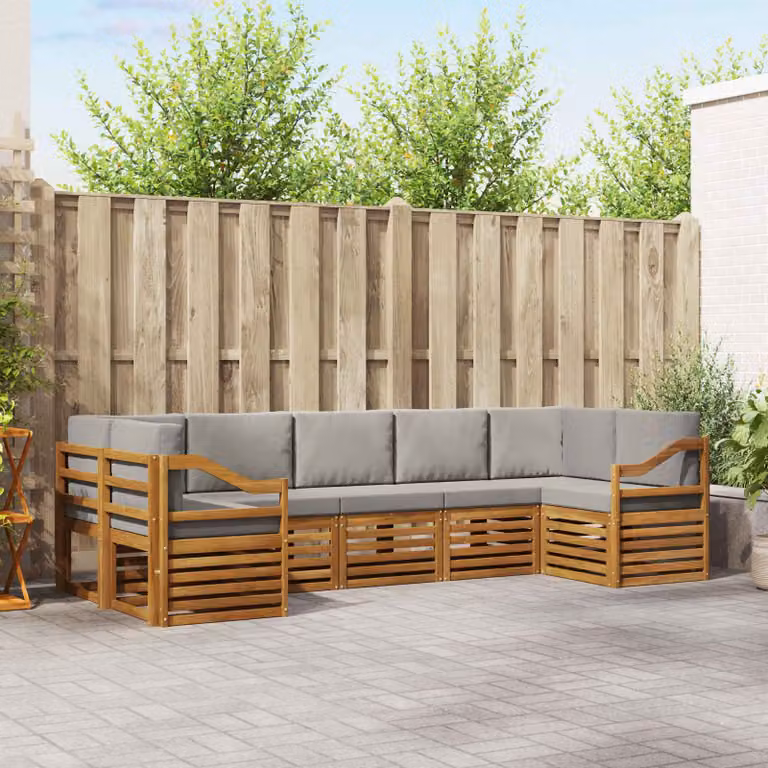 vidaXL Set di divani da esterno a L composto da 7 pezzi in legno di acacia con cuscini, colore beige e grigio