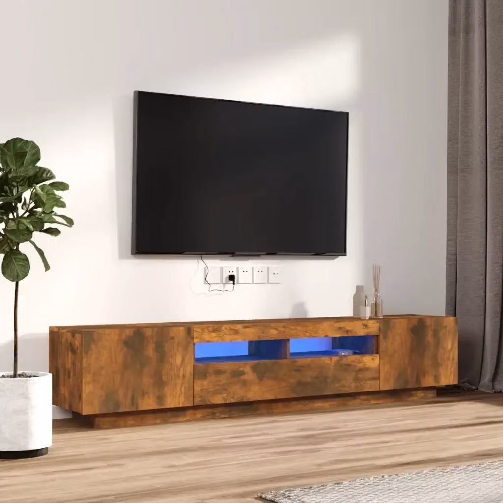 Set di 2 Mobili TV Moderni in Legno Multistrato Rovere Fumo con Luci LED Integrate per il tuo Soggiorno – 2