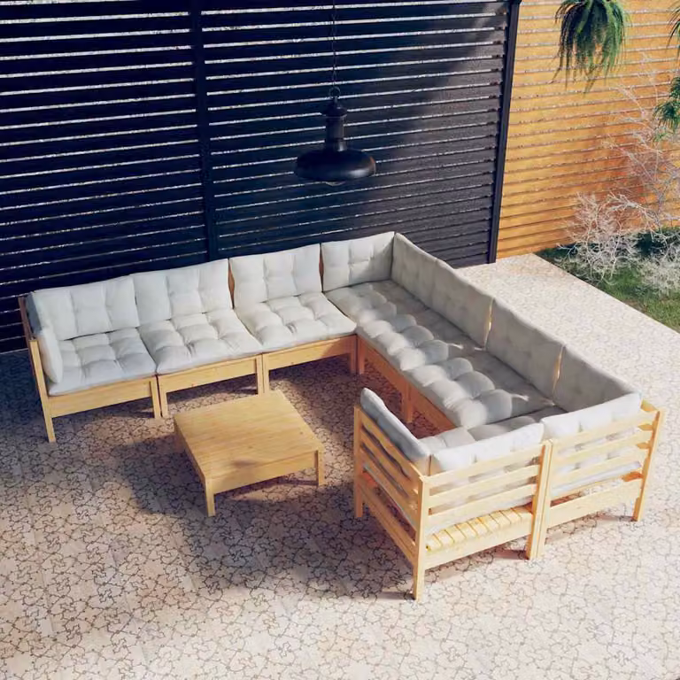 vidaXL Set Salotto da Giardino 9 pz a Forma di L in Legno di Pino con Cuscini Beige