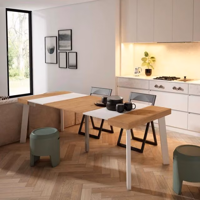 Consolle allungabile, 222x90x73cm, Per 10 persone, Gambe in legno, colore Rovere e bianco RF3015