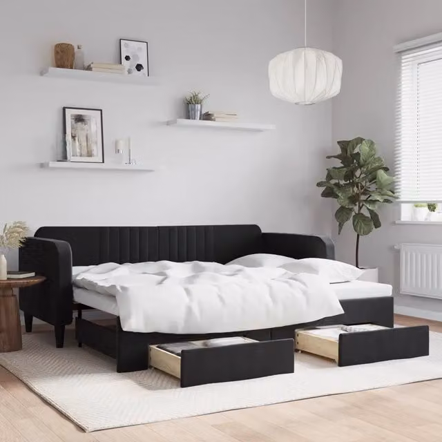Divano Letto Estraibile con Cassetti Nero 90x200 cm in Velluto 3197115