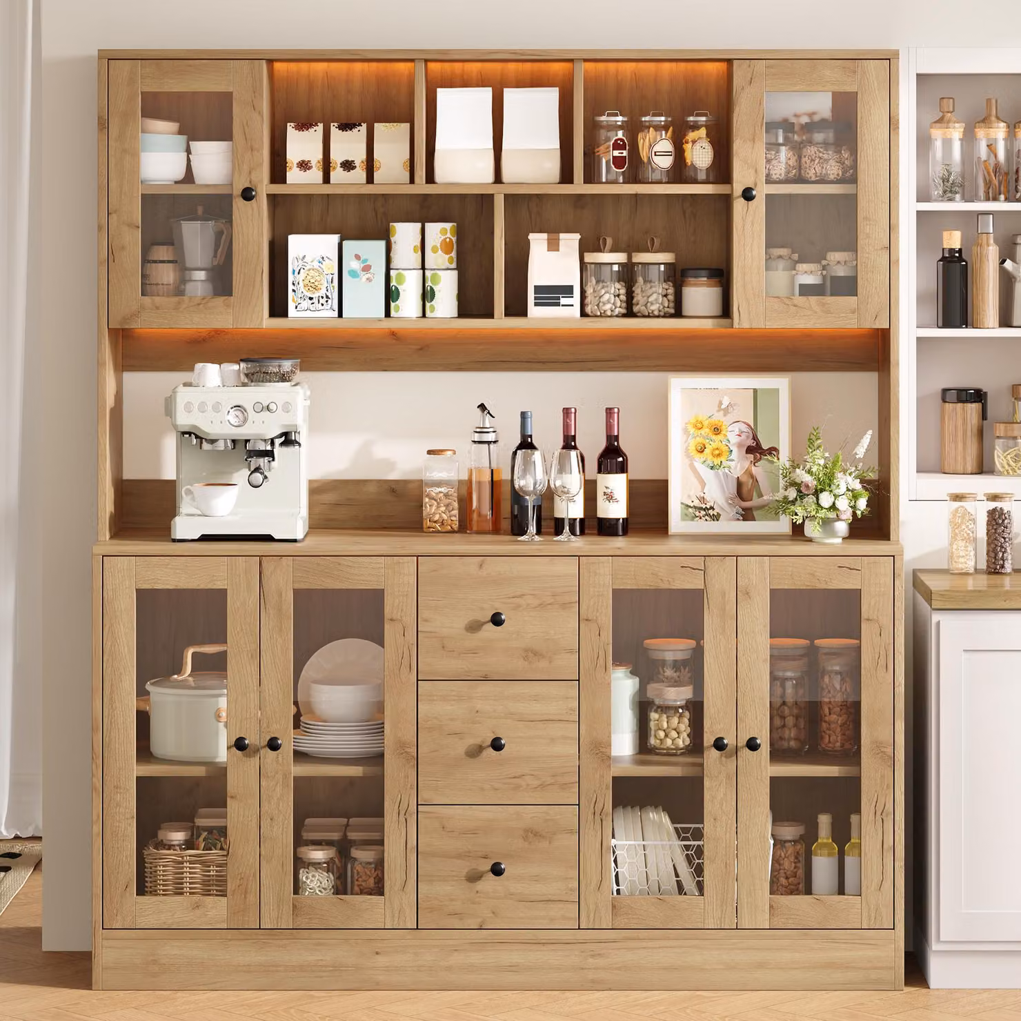 Abrihome, mobiletto multifunzionale per la cucina, 150 x 40 x 173 cm – mobiletto alto con illuminazione a LED, prese di corrente, 6 ante in acrilico e 3 cassetti, colore naturale