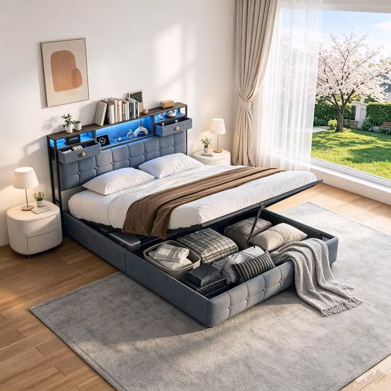 Letto matrimoniale con boxspring, imbottito, 140x200 cm, con LED e porte USB/C, struttura letto idraulica con spazio contenitore, rete a molle, rivestito in velluto, colore grigio