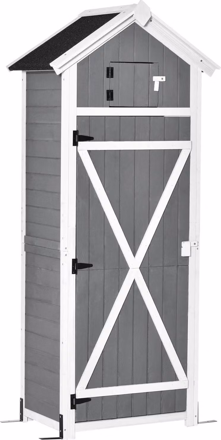 Armadio da giardino con porta e tetto, casetta per attrezzi in legno, grigio, 78x52,5x182 cm, ideale per riporre gli oggetti in giardino e tavolo pieghevole