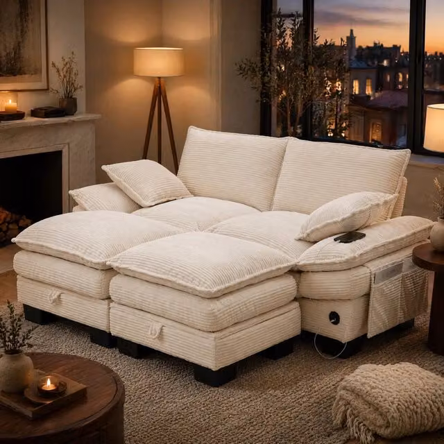Divano modulare 2 posti ULEVR 190x132 cm con 2 pouf contenitore, porta USB-C e tasche laterali, beige in velluto a coste