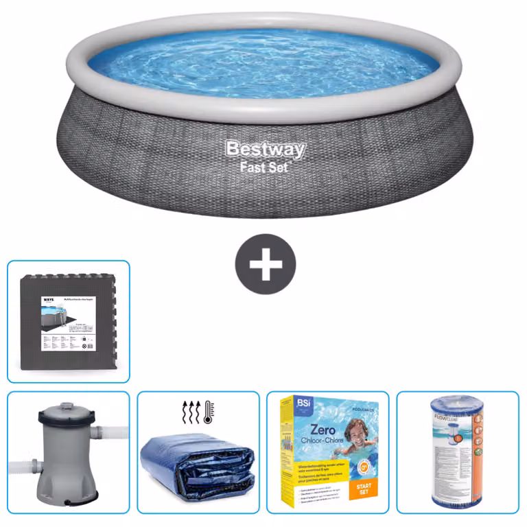 Piscina gonfiabile rotonda Bestway a presa rapida - stampa rattan - 457 x 84 cm - pompa inclusa - tenda da sole - pacchetto manutenzione - filtro - pavimento in piastrelle