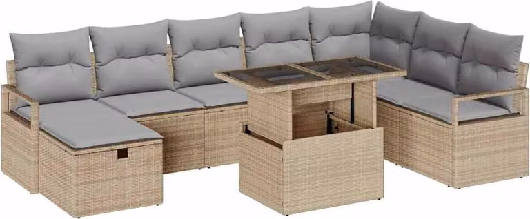 Set Divano da Giardino con cuscino 9 pcs Beige Poly Rattan