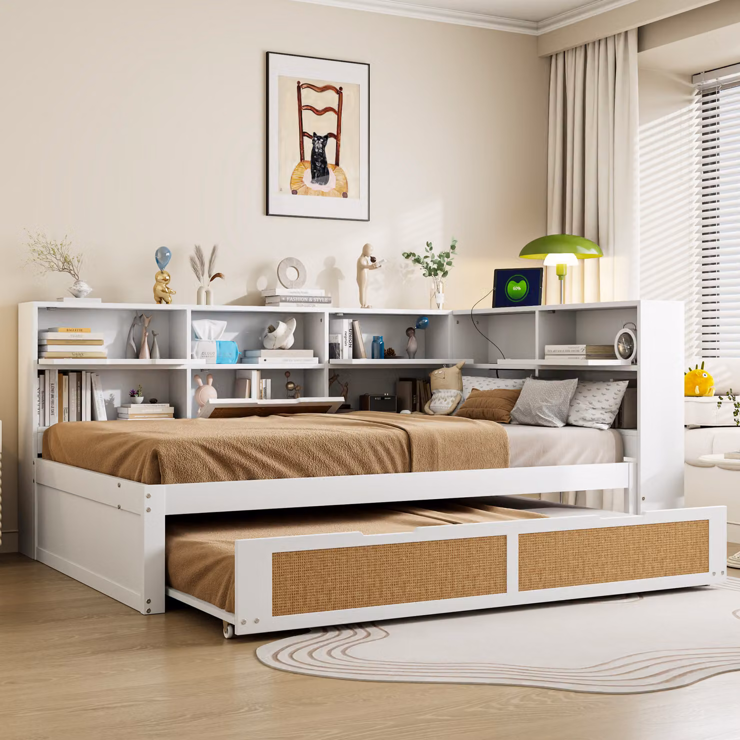 okwish Divano letto 140×200 cm, Letto per bambini Letto matrimoniale con letto estraibile Letto matrimoniale multifunzionale con molti scomparti e connessione di ricarica, Senza materasso, Bianco