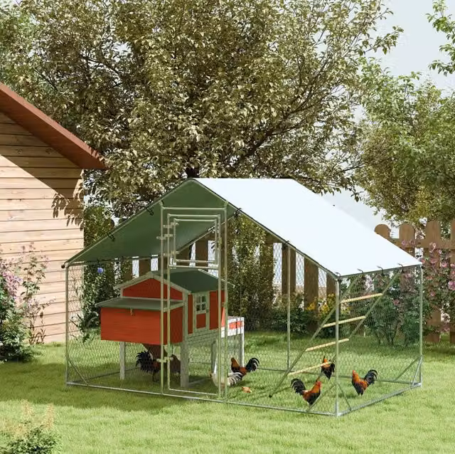 Recinto per polli in acciaio 300x200x195 cm con copertura UV, porta per alimentazione e posatoi, adatto a 6-8 polli, argento