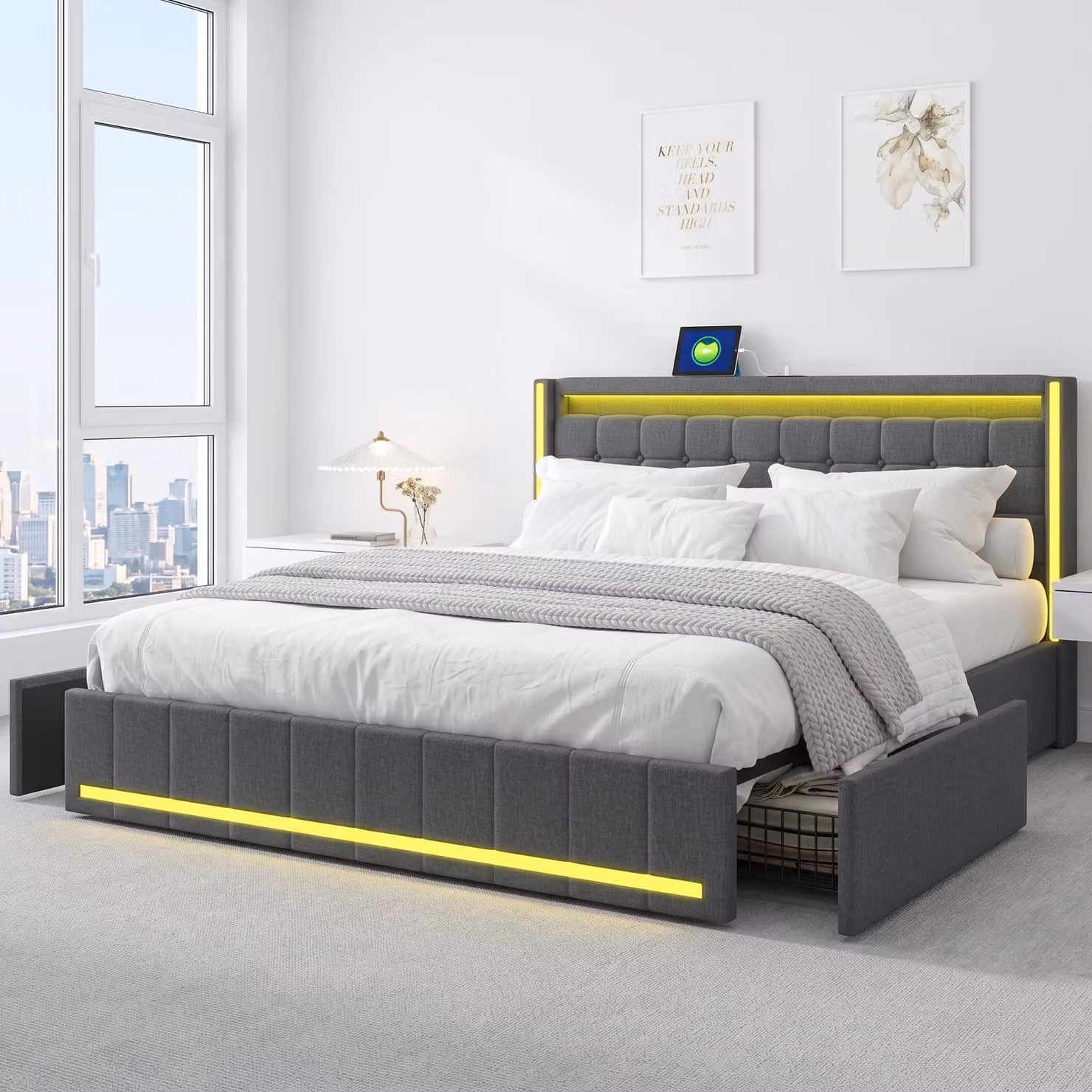 Letto contenitore 140x190 cm, letto con spazio contenitore, 4 cassetti, letto imbottito con LED e porta USB, struttura letto matrimoniale con rete a doghe, letto per ragazzi, colore grigio