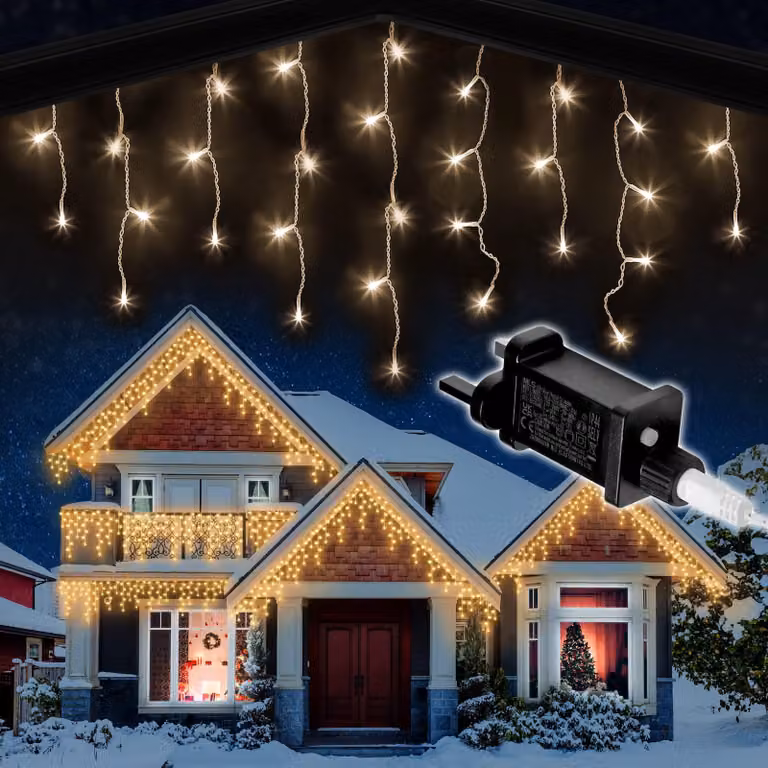 Catena luminosa a LED a forma di ghiacciolo, 1000 LED, 30 metri, luce bianco caldo, timer, 8 modalità, grado di protezione IP44