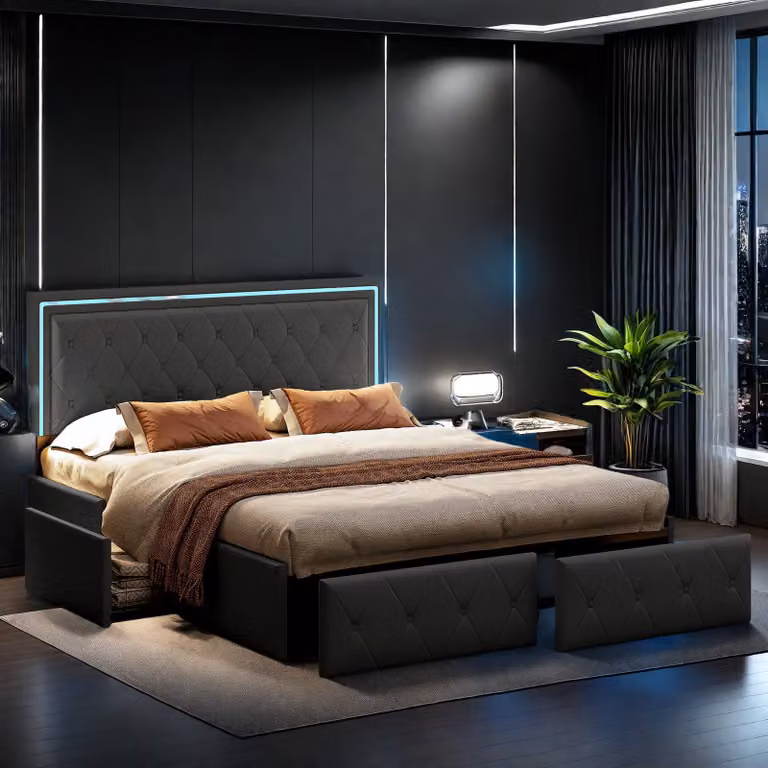 letto 140x200 cm, testata LED, letto imbottito con 4 cassetti, letto con rete a doghe e struttura in metallo, letto imbottito con testata regolabile in altezza,PU,grigio