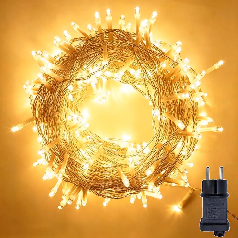 Catena luminosa a LED, 10 metri, 100 LED bianco caldo, grado di protezione IP44, 8 modalità, timer