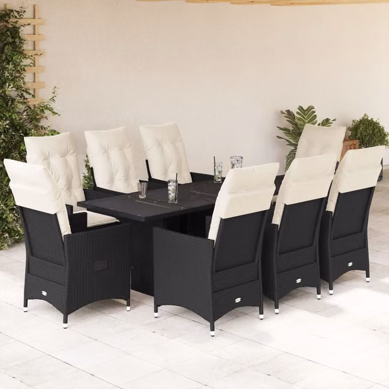 Set da pranzo da giardino vidaXL in polyrattan nero con cuscini e piano in vetro per 9 persone