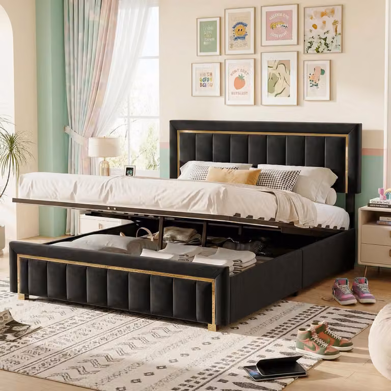Letto con boxspring INONEFT, 140x200 cm, con sistema di sollevamento idraulico e contenitore, struttura imbottita con rete a molle, letto matrimoniale per ragazzi con contenitore, rivestito in velluto nero