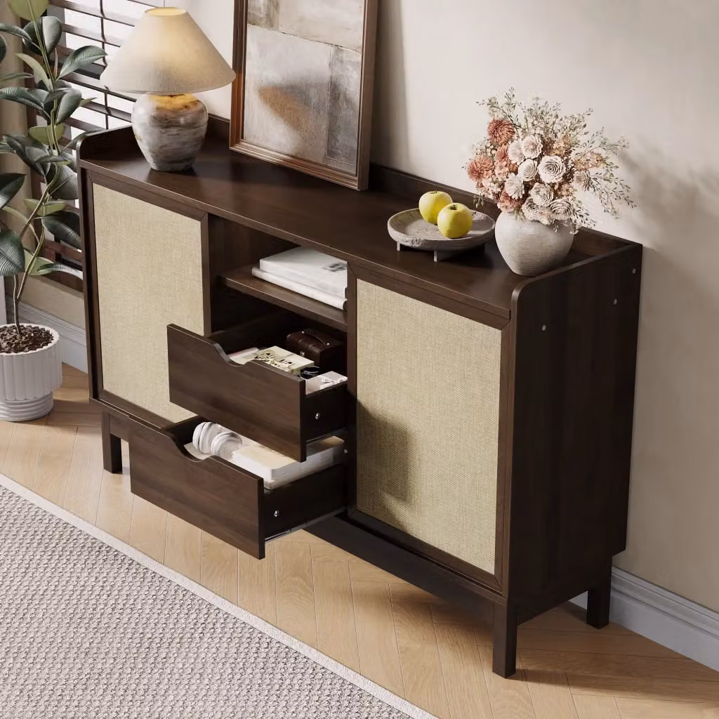 Credenza Chicfurn moderna con ante scorrevoli e 2 cassetti per soggiorno e sala da pranzo, finitura opaca beige e marrone, L 150 x P 39.5 x H 80 cm – 2