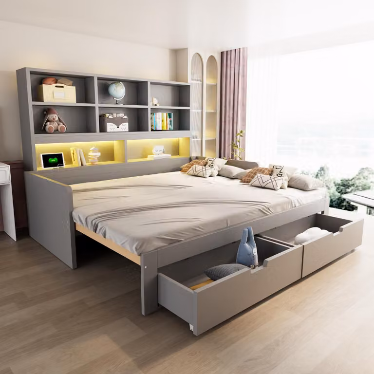 Letto a giorno Modfu 90/180 x 200 con meccanismo estraibile, divano letto in legno, letto a giorno con armadio integrato e mensola imbottita, letto per ragazzi con 2 cassetti e illuminazione LED, senza materasso, colore grigio