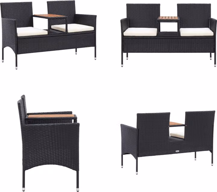 vidaXL Panca da giardino a 2 posti con tavolo da tè 143 cm in poly rattan nero - Panca da giardino - Panche da giardino - Sedia da giardino - Sedie da giardino