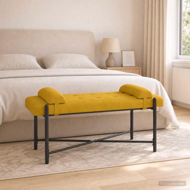 Panchina vidaXL in velluto giallo con bottoni e cuscini, L 110 x P 40 x H 46 cm