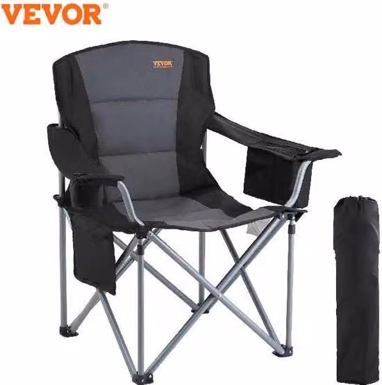 Sedia da Campeggio Pieghevole Vevor con Braccioli e Cuscini, Colore Nero, Struttura in Acciaio Verniciato a Polvere, Portata Massima 159 KG