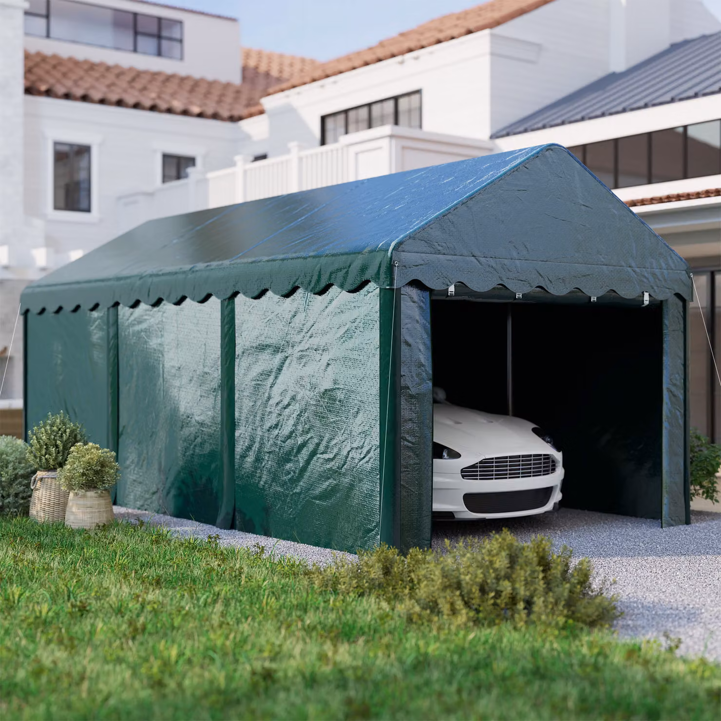 Capannone esterno Outsunny con 2 porte avvolgibili, tenda garage per veicoli e barche, Verde, L: 6 m, P: 3 m – 2