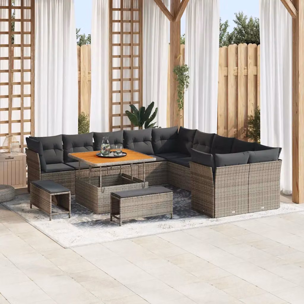 Set Divano da Giardino vidaXL a forma a U in Polyrattan Grigio con 13 Pezzi, Tavolino e Cuscini Inclusi – 1
