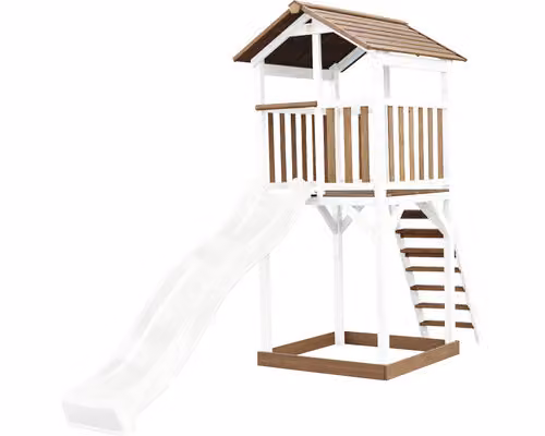 AXI Beach Tower parco giochi in legno in marrone e bianco | Torre di gioco per bambini con sabbiera e scivolo bianco | Casa per bambini su palafitte per il giardino