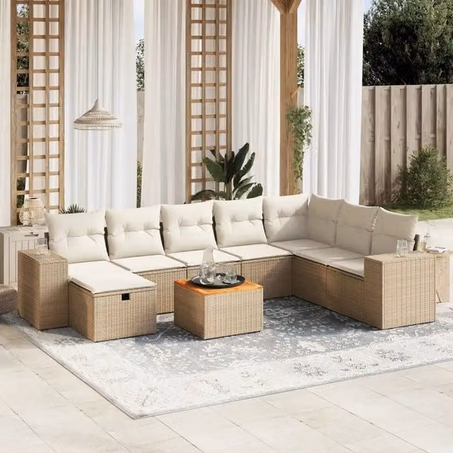 Set Divano da Giardino 9 pz con Cuscini Beige in Polyrattan 3265209