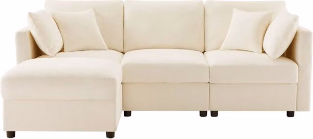 Divano angolare a L beige in tessuto chenille con poggiapiedi regolabile e 4 cuscini, 3-4 posti, braccioli regolabili