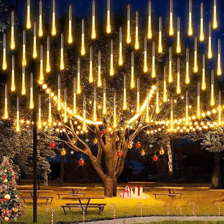 Catena luminosa LED effetto meteora, impermeabile, per uso esterno, ideale per decorazioni natalizie, matrimoni, feste, giardini e alberi. Lunghezza 30 cm, 8 tubi, luce bianco caldo