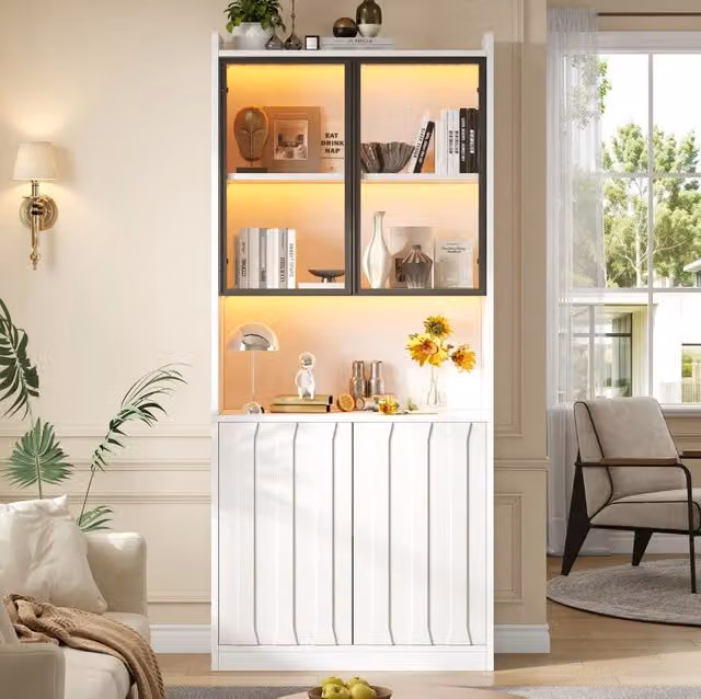 Vetrina 80x35x200 cm in pannelli di particelle e vetro, bianca, LED, per soggiorno –