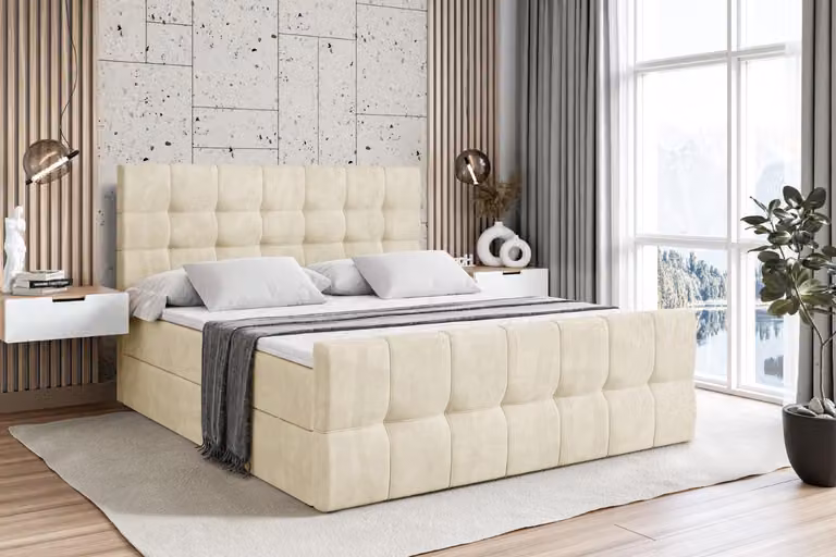 Letto boxspring ALTDECOR con materasso e rete a doghe - - BERO -Z - 160x200 cm - Beige Monolith - Letto boxspring, pediera, topper, letto imbottito con contenitore, letto con contenitore H4 - Materasso, letto matrimoniale, letto boxspring