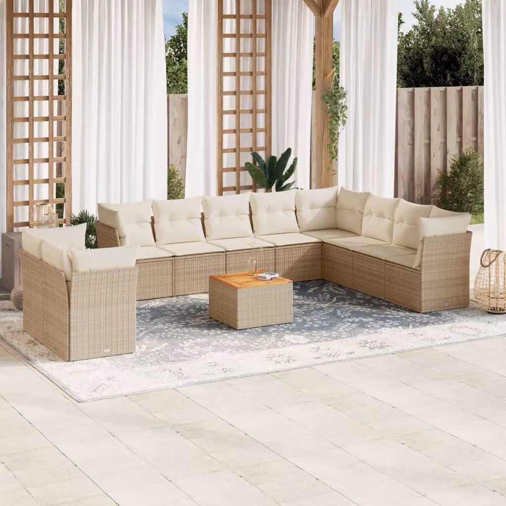 vidaXL Set Divani da Giardino 11 pz con Cuscini Beige in Polyrattan e Tavolino da Esterno – 1