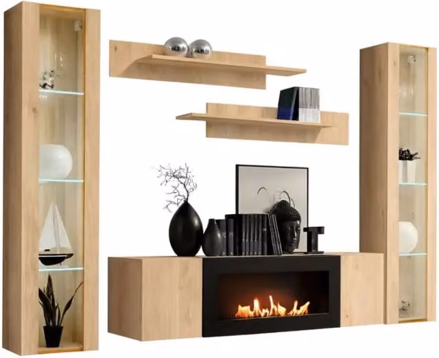 Composizione murale FLY Meublorama in Rovere chiaro con vetrine, scaffali, mobile TV e camino bio-etanolo L/P/H: 260 x 40 x 170 cm – 1