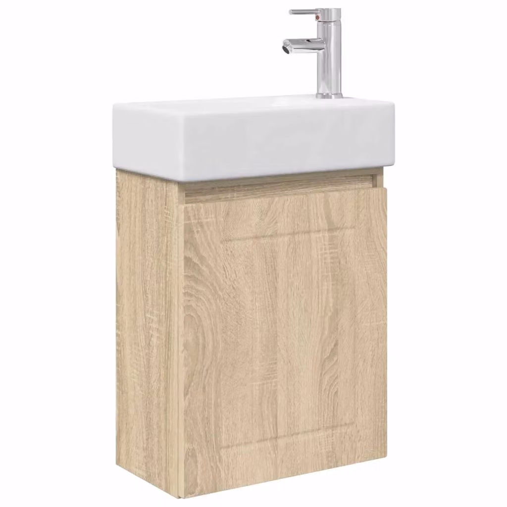 Mobile bagno moderno vidaXL in legno rovere e ceramica bianca, sospeso, L: 45,5 cm, P: 25,5 cm, H: 84 cm – 2