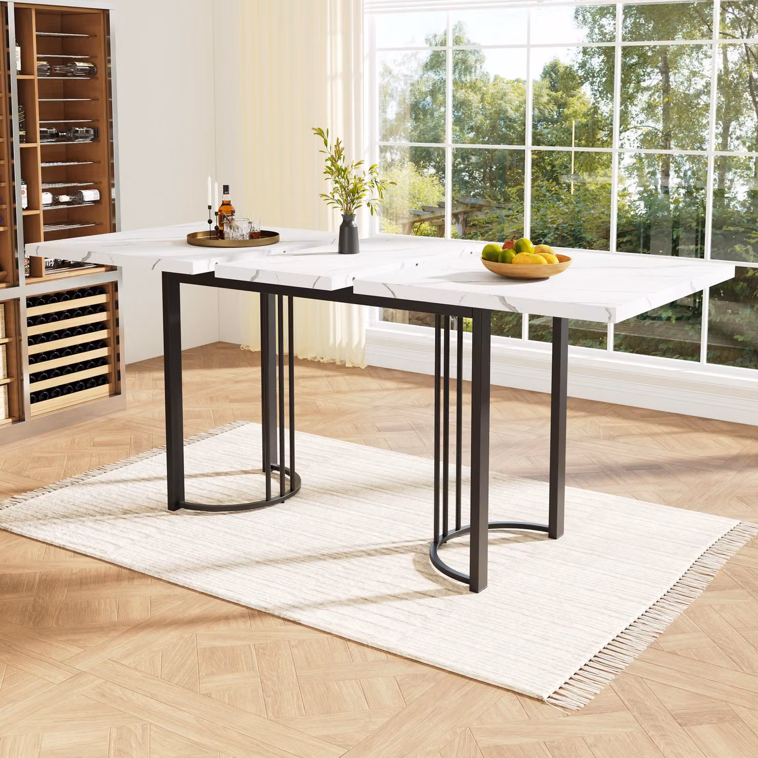 Tavolo da pranzo allungabile Flieks rettangolare, tavolo da cucina 140-179,5x80x75,5 cm, tavolo telescopico con piano in marmo, bianco e nero