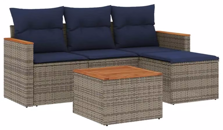 Set da salotto 5 pezzi, grigio e blu - Set da giardino in rattan sintetico - Tavolo in legno di acacia - Include cuscini