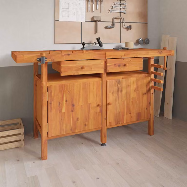 vidaXL Banco da Lavoro con Cassetti e Morse in Legno di Acacia Marrone L: 162 cm, P: 62 cm, H: 83 cm