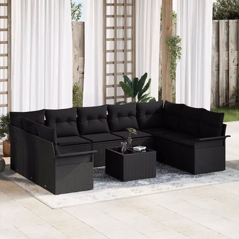 Set Divano da Giardino vidaXL a Forma di L in Polyrattan Nero con Cuscini e Tavolino da Esterno