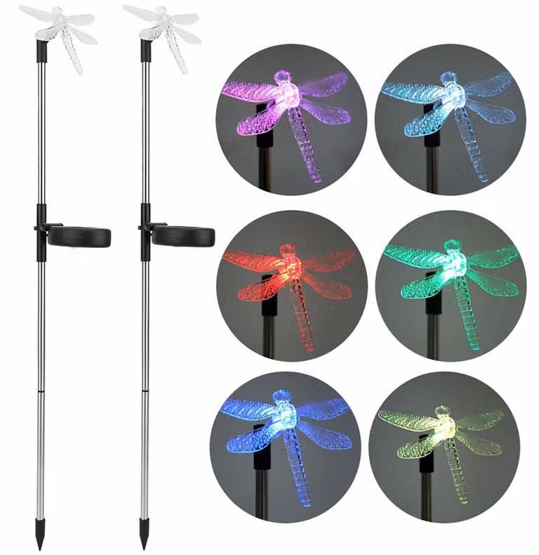 Set da 2 lampade solari a forma di libellula per il giardino, con luci LED a cambio di colore