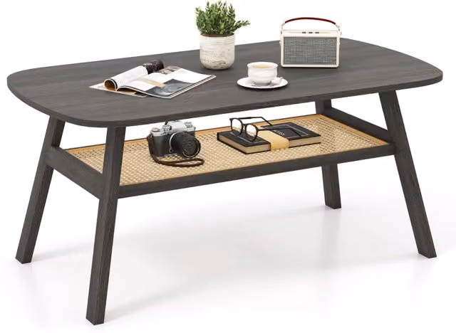 Tavolino da caffè rettangolare Design Mania con ripiano in rattan e gambe in legno di gomma, 2 livelli, stile rustico, L: 120 cm, P: 55 cm, H: 44,5 cm