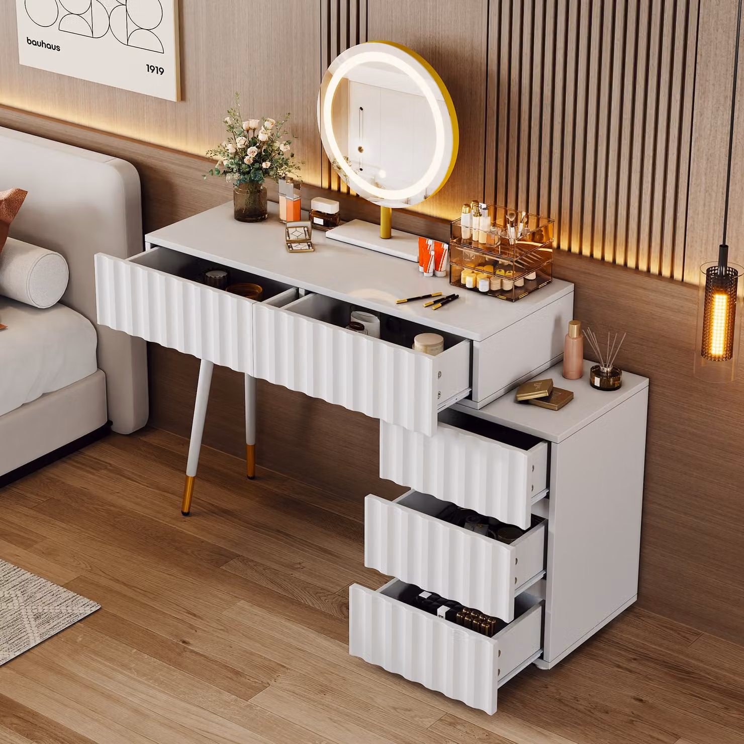 okwish Tavolo da toilette con luce LED, tavolo da toilette con 5 cassetti, contenitore per cosmetici (senza sgabello), bianco