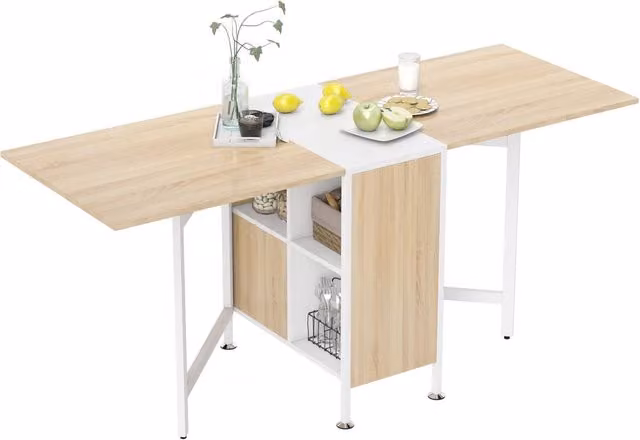 Tavolo da Pranzo Pieghevole per 4 Persone con Pannelli a Ribalta e 4 Scompartimenti, Scrivania Salvaspazio in MDF e Metallo, L/P/H: 169 x 60 x 75 cm, Rovere e Bianco