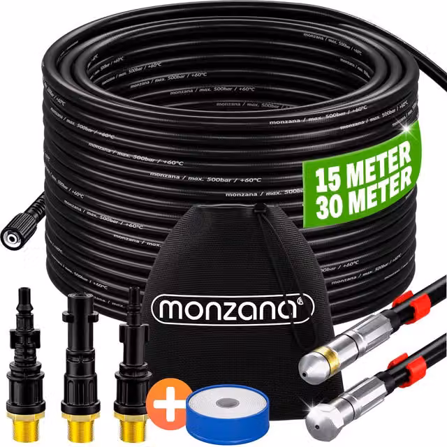 Set di 5 tubi per la pulizia delle tubature Monzana in plastica, nero e rosso, lunghezza 15 m, resistenza 200 bar