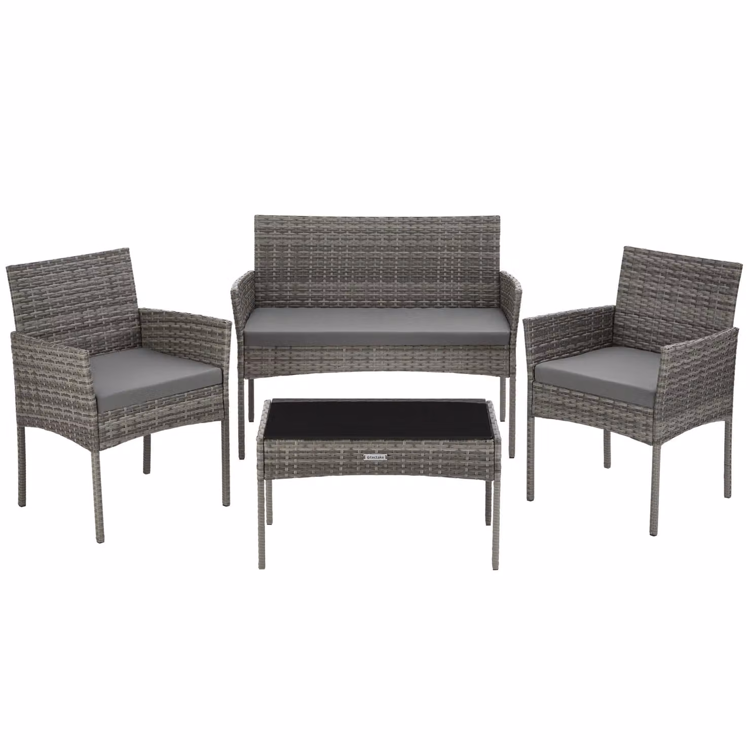 Set da giardino moderno Tectake in rattan grigio con divano a 2 posti, poltrona lounge e tavolino da esterno, completo di cuscini imbottiti e coperture rimovibili