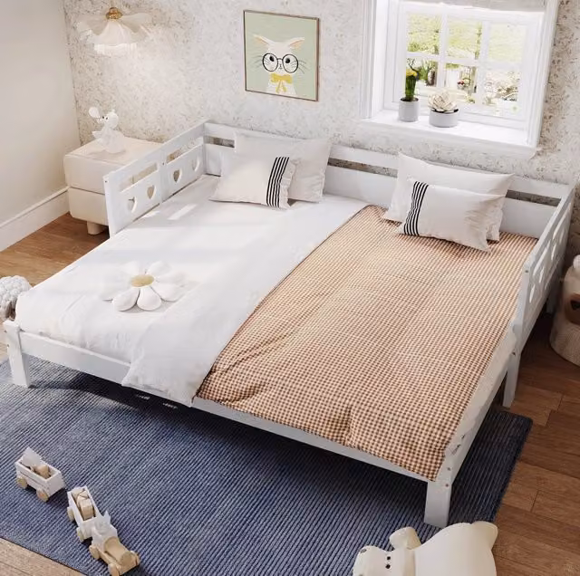 Daybed estraibile a cuore 90-182x190 cm in legno di pino e MDF bianco