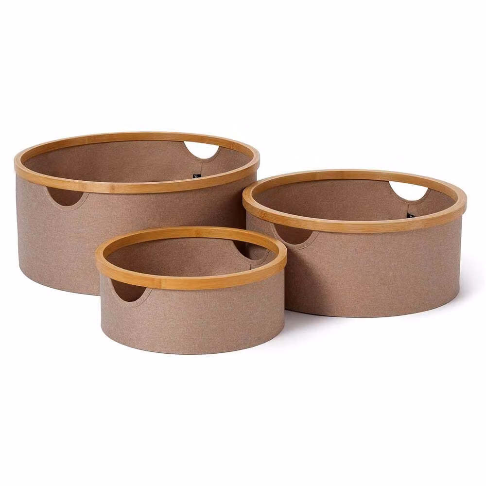 LUMALAND - Set di 3 contenitori rotondi con struttura in bambù, color taupe