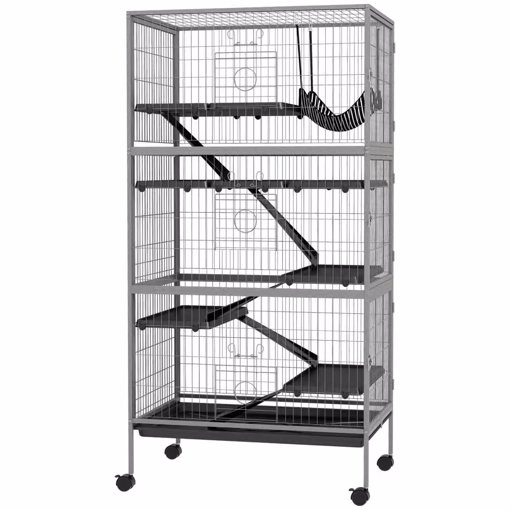 Gabbia per roditori multifunzione Minimal con 4 piattaforme, 3 rampe e 4 porte, colori grigio, argento e nero, L 80 cm x P 52 cm x H 159 cm – 2